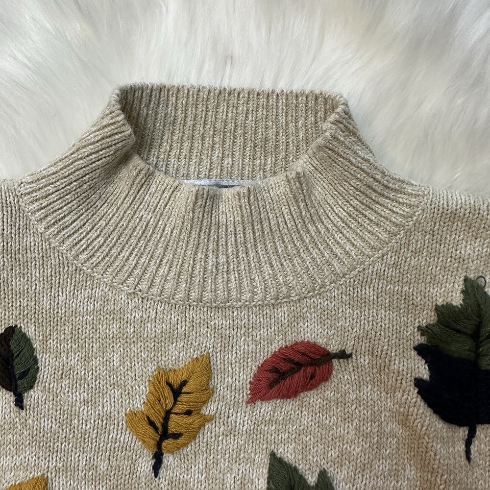 Dress Barn Womens Turtleneck Sweater Fall Leave Embellished Vintage Beige 18/20 - Picture 3 of 11